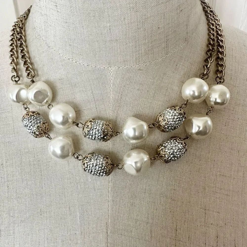 Faux pearl silver and gold tone double chain necklace